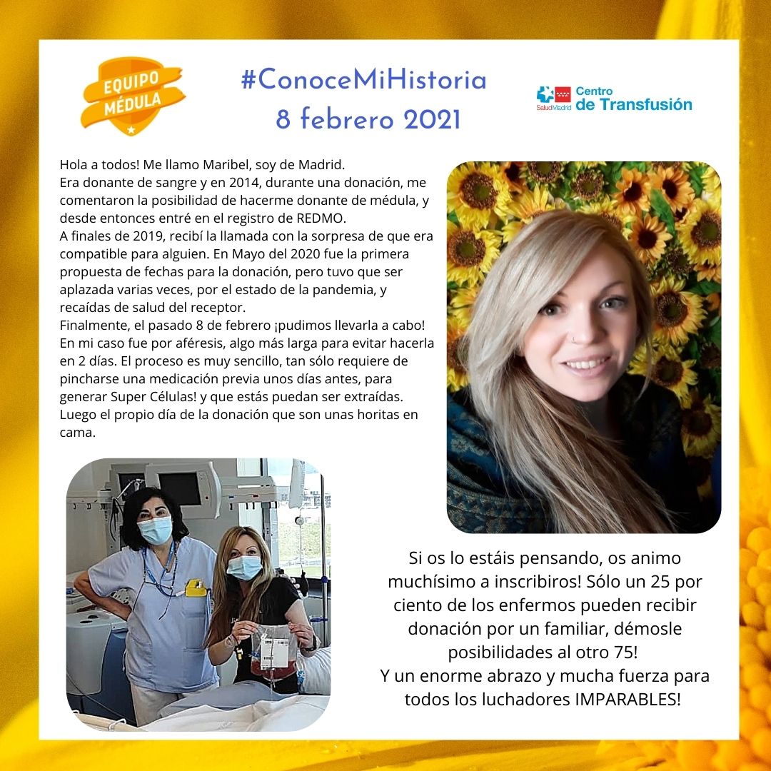 EquipoMedula's tweet photo. #ConoceMiHistoria
8 febrero 2021

Hola a todos! Me llamo Maribel, soy de Madrid.
Era donante de sangre y en 2014, durante una donación, me comentaron la posibilidad de hacerme donante de médula, y desde entonces entré en el registro de REDMO. https://t.co/ty0it6dtrE