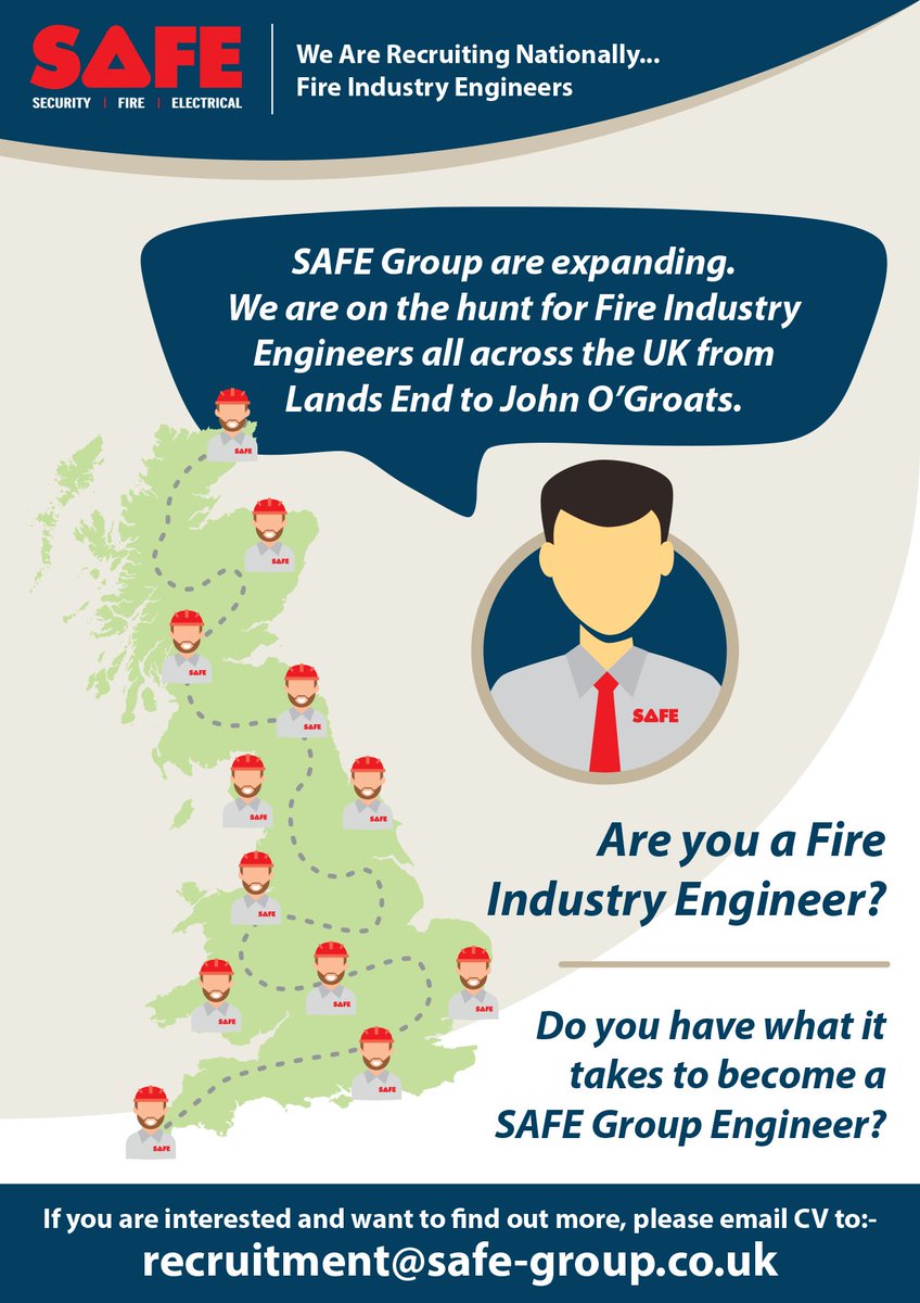 SAFE Group (Security And Fire Experts Ltd) are expanding. We are looking to recruit experienced Fire Industry Engineers all across the UK in all aspects of the Fire Industry.

recruitment@safe-group.co.uk

#recruitment #firealarmsystems #firesafety #healthandsafety