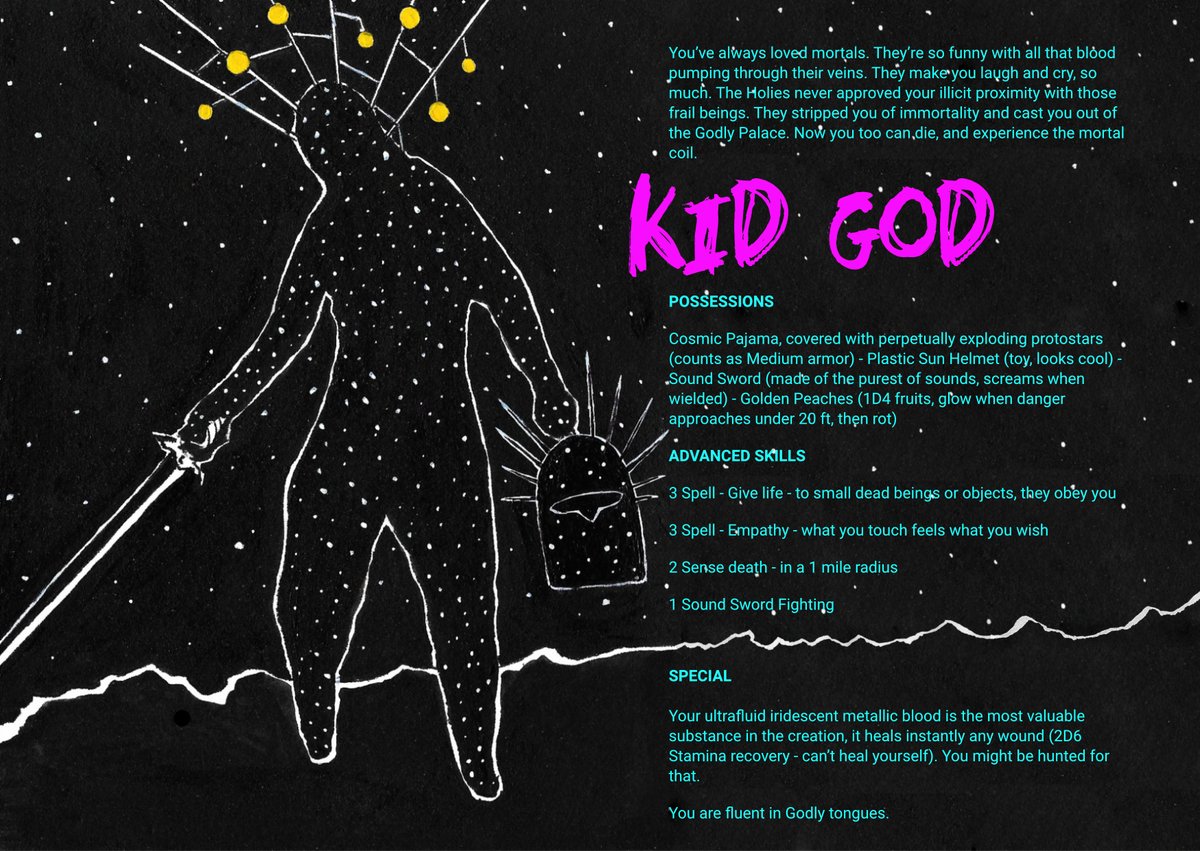 thelostbay's tweet photo. More layout tests for the BROKEN LUCK Troika! zine. KID GOD background double page, the kid can give life, has shiny blood and super contagious empathy. This was supposed to be a 2-page zine! WIP!!
As always art by --- @PerplexingRuins ---
#TroikaFest #TFJam https://t.co/4BE1wSZ0D9