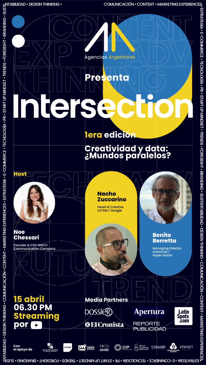 Mañana jueves 15 de abril a las 6:30 pm te esperamos en la primera edición de #INTERSECTION. @nachozuccarino y @bberrett se cruzan para hablar de #creatividad y #data ¿Mundos paralelos? Host: Noe Chessari @AgenciaNinch Streaming por YouTube. Registrate en el link en la Bio 👆🏻