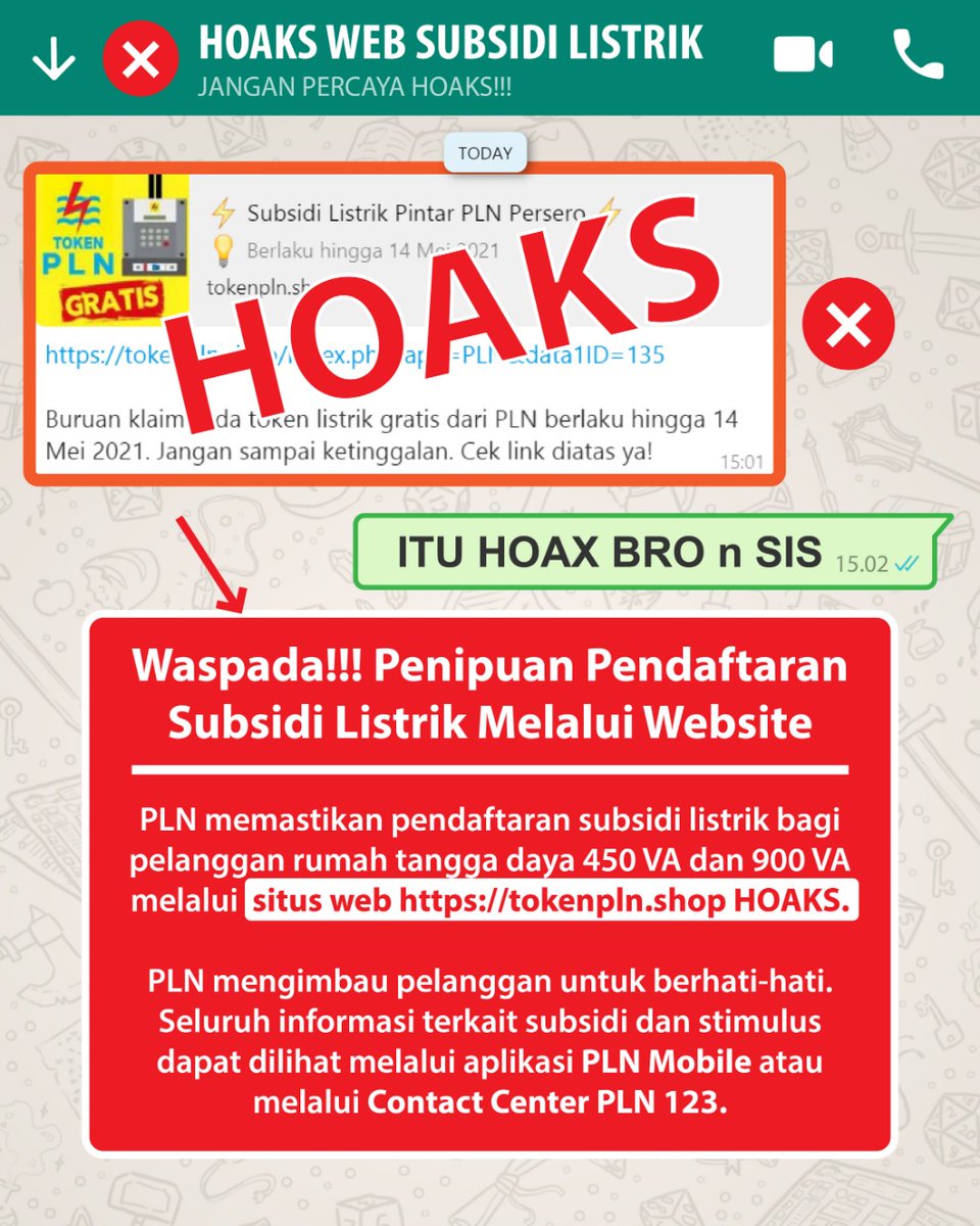 pln_123's tweet photo. HOAKS!!! Waspada Penipuan Pendaftaran Subsidi Listrik Melalui Website

PLN memastikan pendaftaran subsidi listrik bagi pelanggan rumah tangga daya 450 VA dan 900 VA melalui situs web https://t.co/io8plaVVFV adalah hoaks. 

#PowerBeyondGenerations #StimulusListrik #NewPLNMobile https://t.co/QCRRpuM4Pl
