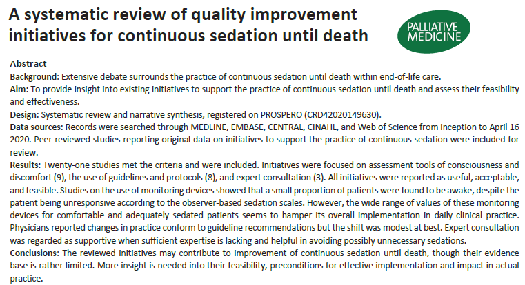 eolc_research's tweet photo. New article of @robijnL providing a systematic overview of quality improvement initiatives for continuous sedation until death. Initiatives may contribute to improvement, through their evidence base is rather limited @PalliativeMedJ https://t.co/blUAQ5Bqf1 https://t.co/k3ckXL8ncP