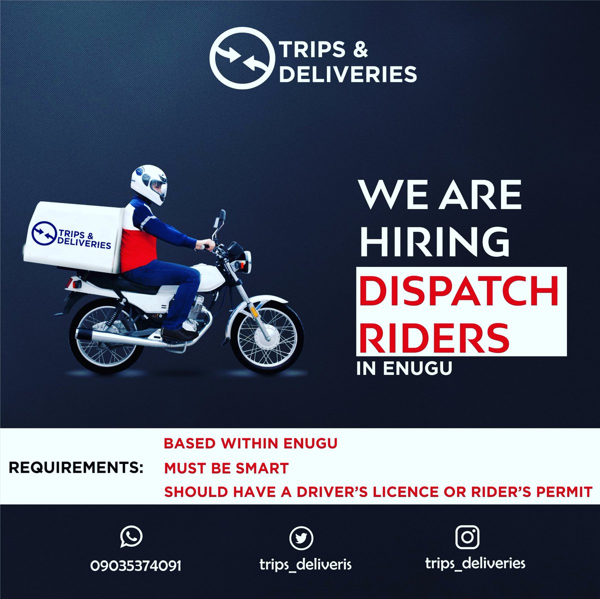 We are looking for dedicated, smart and loyal riders.
Call or send us a DM.
We will consider recommendations too...

#dispatchridersinenugu #dispatchrider