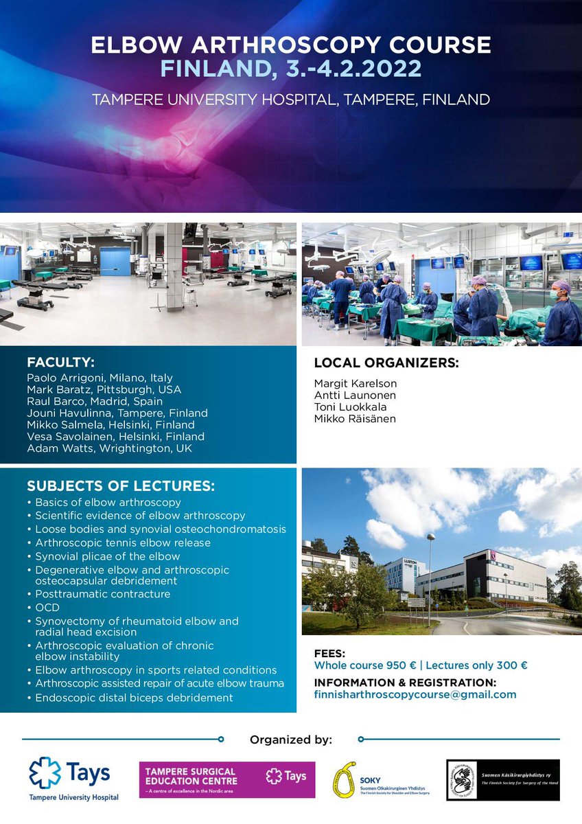 FSSHFinland's tweet photo. Finnish Society for the Surgery of the Hand and Finnish Society for Shoulder and Elbow Surgery organize a hands-on course on elbow arthroscopy in February, 2022, in Tampere, Finland. #surgery #elbow https://t.co/tHGzXga44w