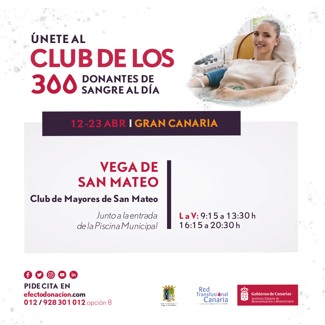 ichhCanarias's tweet image. ‼️ Aviso a la población donante de San Mateo y medianías de #GranCanaria El Club de Mayores se ha convertido en sala de extracción para que puedas salvar vidas cerca de casa #ÚnetealClubdelos300
📲 Pide cita: 012 | 928301012 -opción 8- de 10 a 20h | efectodonacion.com