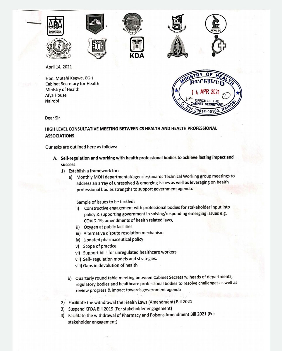 KenyaKpa's tweet photo. Earlier Today, KPA was represented in a meeting of the Federation of HCP's and the CS Health Hon. Mutahi Kagwe,CAS Dr. Mercy Mwangangi &amp;MoH team. 
Issues discussed as attached. @KenyaMedics_KMA
@PSofKenya
@KCOA_Official @MOH_Kenya @ppbkenya @nnakenya @SABINACHEGE @mutahikagwe_cs https://t.co/JiSEAUm8TX
