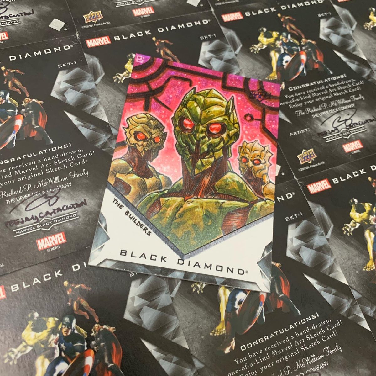 PeejayCatacutan's tweet photo. Marvel: Black Diamond 🤘

Here are some of the super duper exclusive (lol) cards I made for @upperdeckent ‘s Marvel Black Diamond card set! All my cards got approved but I’m only sharing a little over half of them here.

Coming this Spring! https://t.co/h5EmVEj5fL