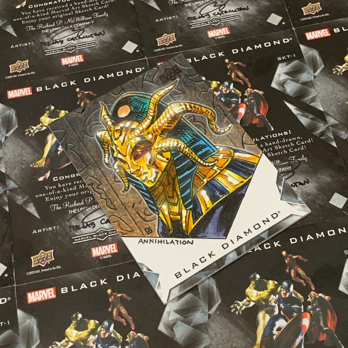 PeejayCatacutan's tweet photo. Marvel: Black Diamond 🤘

Here are some of the super duper exclusive (lol) cards I made for @upperdeckent ‘s Marvel Black Diamond card set! All my cards got approved but I’m only sharing a little over half of them here.

Coming this Spring! https://t.co/h5EmVEj5fL