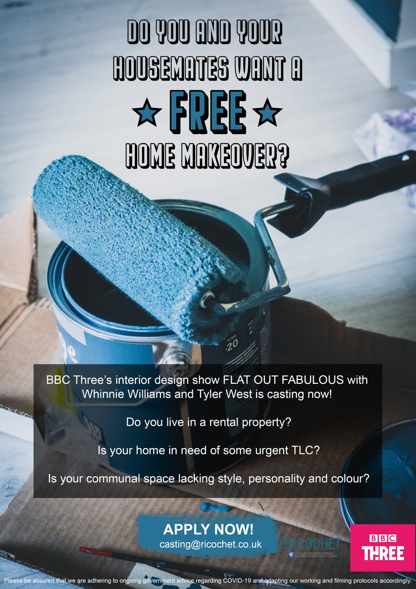 CALLING YOUNG RENTERS! 🏠💫
Do you and your housemates want a ✨FREE✨ communal area makeover? We're looking for fun households of 3-6 people to take part in a BBC3 show. 
✉️ Message / email us ASAP for info - casting@ricochet.co.uk 
<a href="/TVcontestants/">TV Contestants</a> <a href="/maxinefester/">CASTING FOR TV</a> <a href="/FlickCasting/">@flickcasting</a>