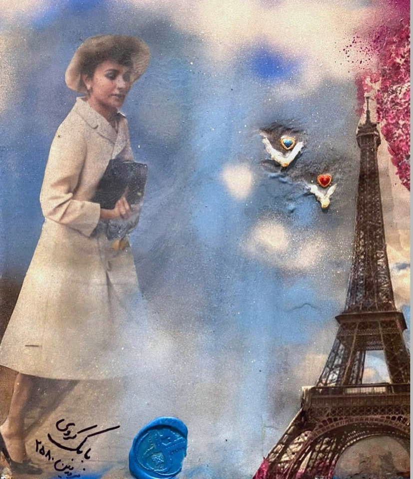 The piece titled "A Day in Paris" was chosen by Her Majesty to be added to her personal art collection. The work is a mixed medium piece tdifferent techniques, now  The work takes the viewer on a dreamlike journey and depicts Her Majesty as a young lady in Paris.