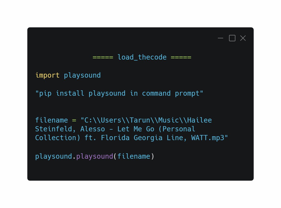 load_thecode's tweet image. Play music using #Python3 !
Have a great day!

#100daysofcode
#100daysofcodechallenge #Python
#DEVCommunity #Developer
#pythonlearning #Coding
#pythondeveloper #datastructure
#programmers #pythonprogramming