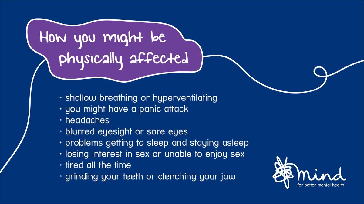 You may feel physically affected by stress, and it's useful to recognise it early. Look out for signs of shallow breathing, panic attacks, sore eyes, problems with sleep, headaches and more. (4/5)