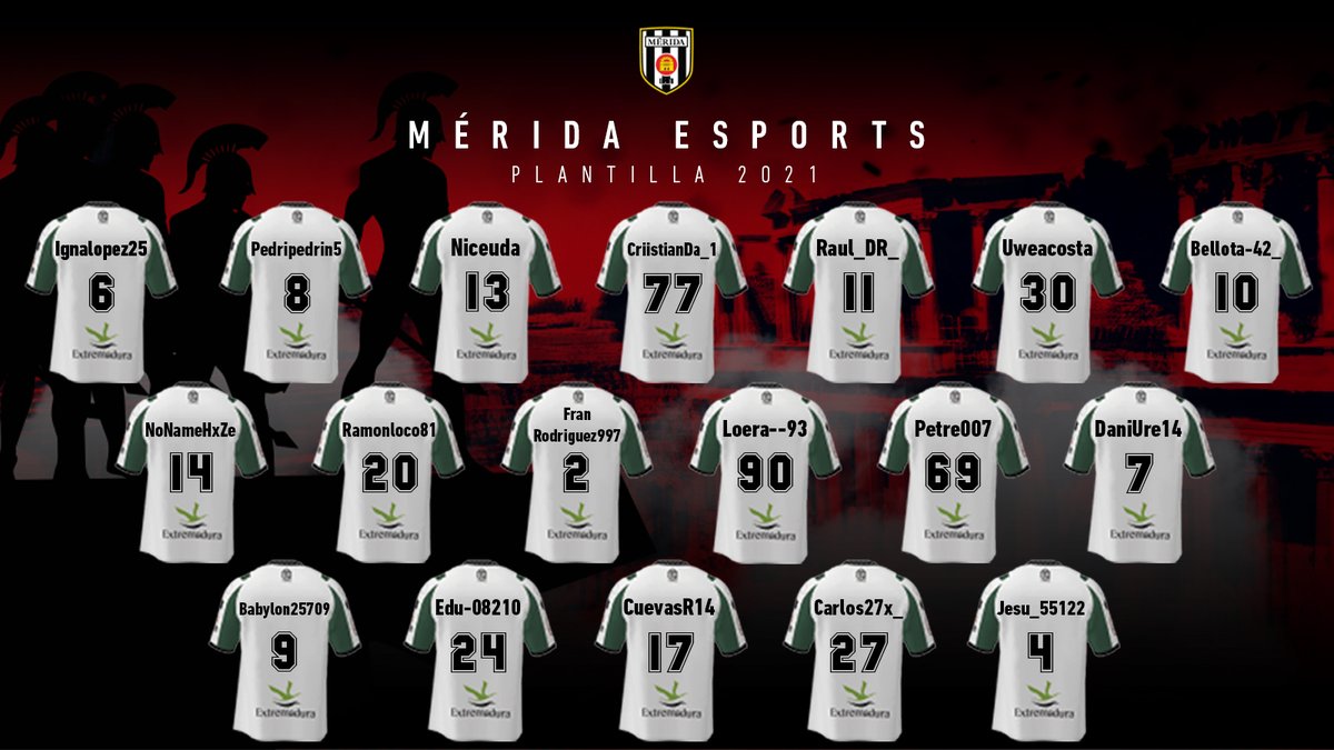 🔝¡𝐏𝐋𝐀𝐍𝐓𝐈𝐋𝐋𝐀 𝐎𝐅𝐈𝐂𝐈𝐀𝐋!🙌

⚔️Estos son los 18 romanos que nos representarán en las diferentes competiciones de eSports.🎮

#VamosMerida 🖤🤍