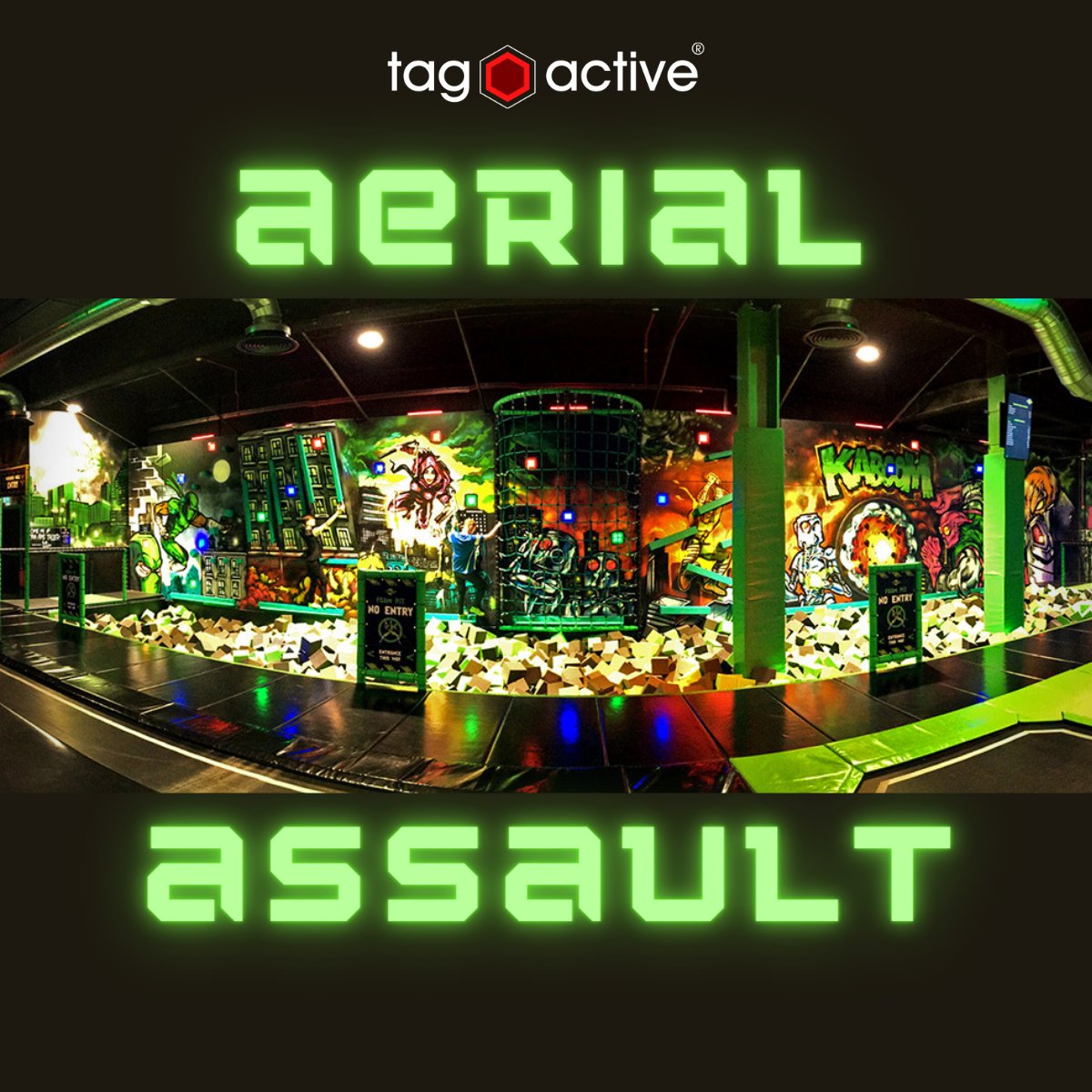 Aerial Assault Walls are an entertaining crowd-pleaser that are guaranteed to get everyone up to give them a go!

These completely customisable modular walls are fitted with interactive TAGactive beacons for competitors to tag as they go along.
