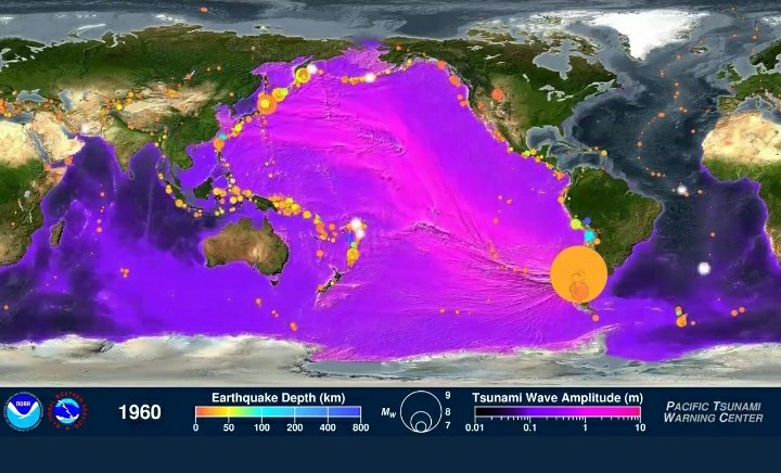 IGeociencias's tweet photo. En 1960 el terremoto más fuerte registrado instrumentalmente de M9.5 en #Chile generó otro #tsunami que alcanzó todos los océanos del mundo. Al otro lado del Pacífico, en Japón, llegaron olas de más de 6m.

Via Pacific Tsunami Warning Center https://t.co/lFYOhhpPTl