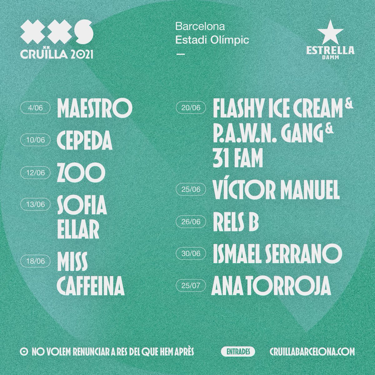 cruillabcn's tweet photo. NOUS CONFIRMATS! #CruïllaXXS ✨
📍Estadi Olímpic 🏟️

✅ Aforaments limitats ✅ Seients numerats ✅ Distància, mans, mascareta 🙌

🎟️ Entrades a la venda a partir de demà a  https://t.co/l83s0mskDc

@EstrellaDammCat 💛 https://t.co/ea2vXdRun0