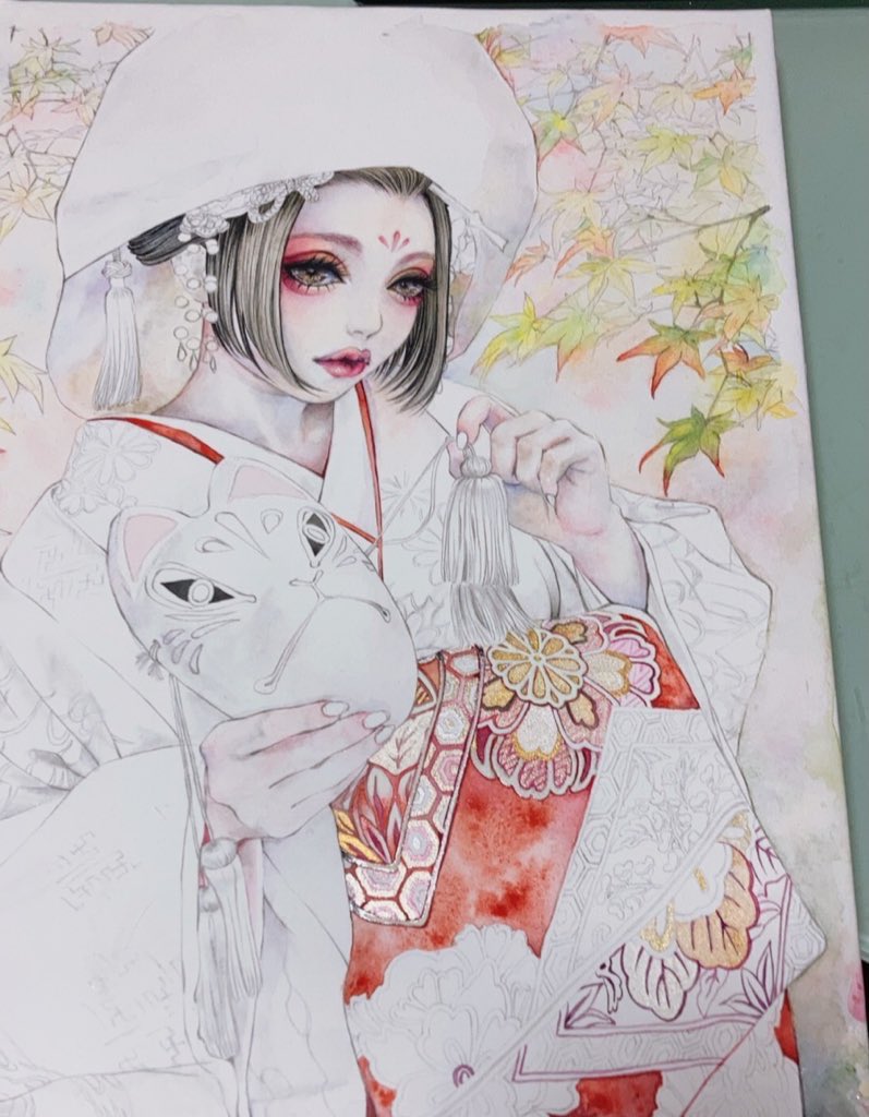 1girl solo japanese clothes kimono uchikake traditional media holding  illustration images