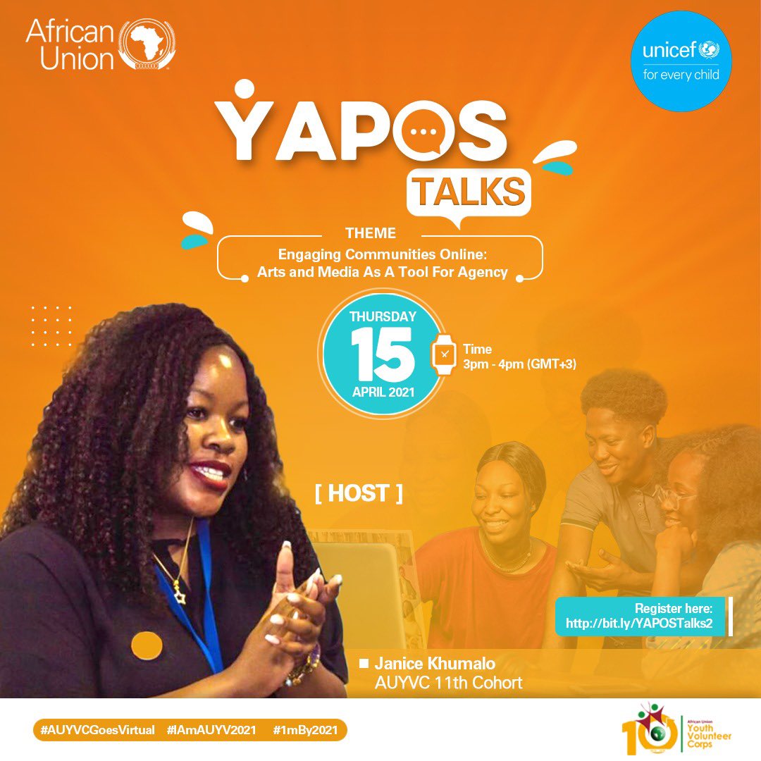 janice_khumalo's tweet image. A good show needs good hosts! Join the conversation this Thursday
Register here and share with your friends to do the same. bit.ly/YAPOSTalks2
You&apos;ll find out why later today when we unveil the guests! We&apos;re so excited 💃🏾👏🏾
#YTalks2021 #AUYVCGoesVirtual #1mBy2021