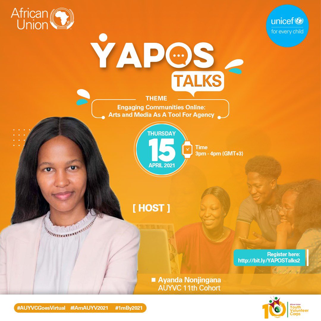 janice_khumalo's tweet image. A good show needs good hosts! Join the conversation this Thursday
Register here and share with your friends to do the same. bit.ly/YAPOSTalks2
You&apos;ll find out why later today when we unveil the guests! We&apos;re so excited 💃🏾👏🏾
#YTalks2021 #AUYVCGoesVirtual #1mBy2021