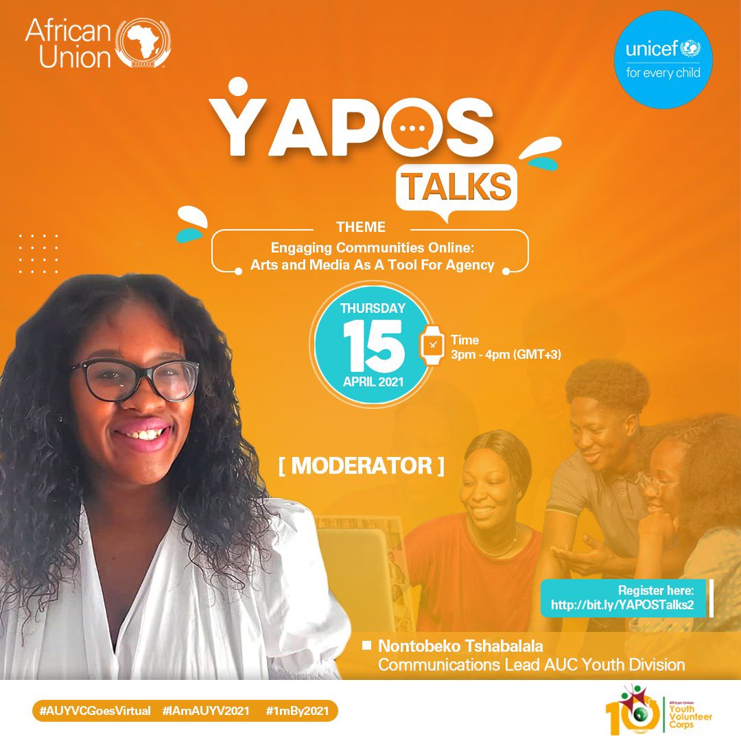 janice_khumalo's tweet image. A good show needs good hosts! Join the conversation this Thursday
Register here and share with your friends to do the same. bit.ly/YAPOSTalks2
You&apos;ll find out why later today when we unveil the guests! We&apos;re so excited 💃🏾👏🏾
#YTalks2021 #AUYVCGoesVirtual #1mBy2021