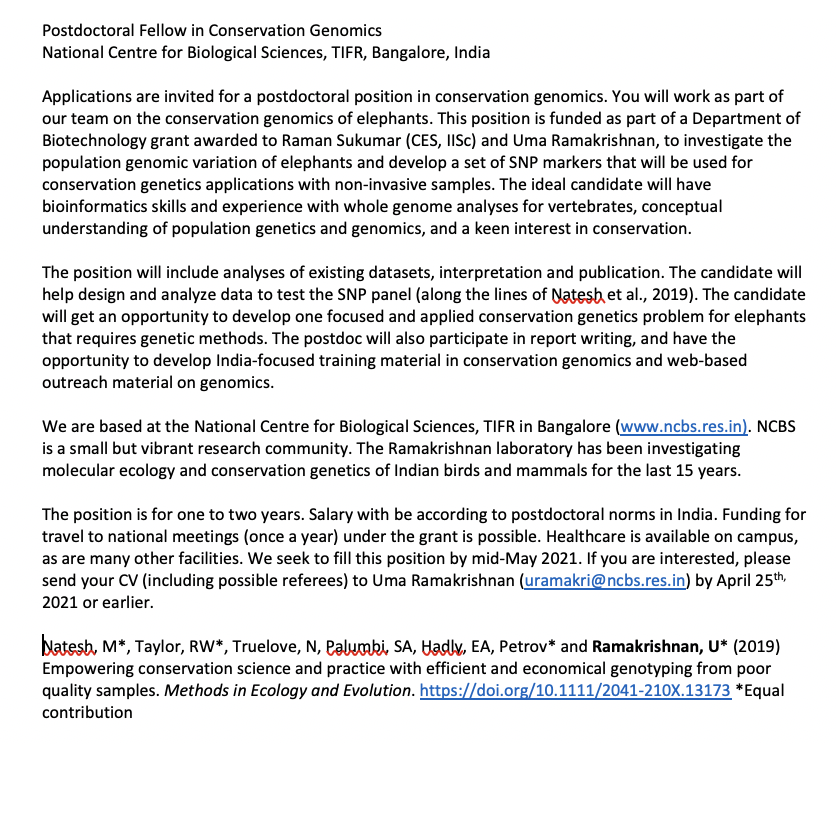 uramakri's tweet photo. And now...another opportunity! A postdoc on elephant conservation genomics in our lab! Imagine...elephants genomes at your disposal. A wonderland of data and discovery! If you love genomics, elephants/endangered species and conservation, this opportunity is for you! Apply... https://t.co/BwCbgM8d4X