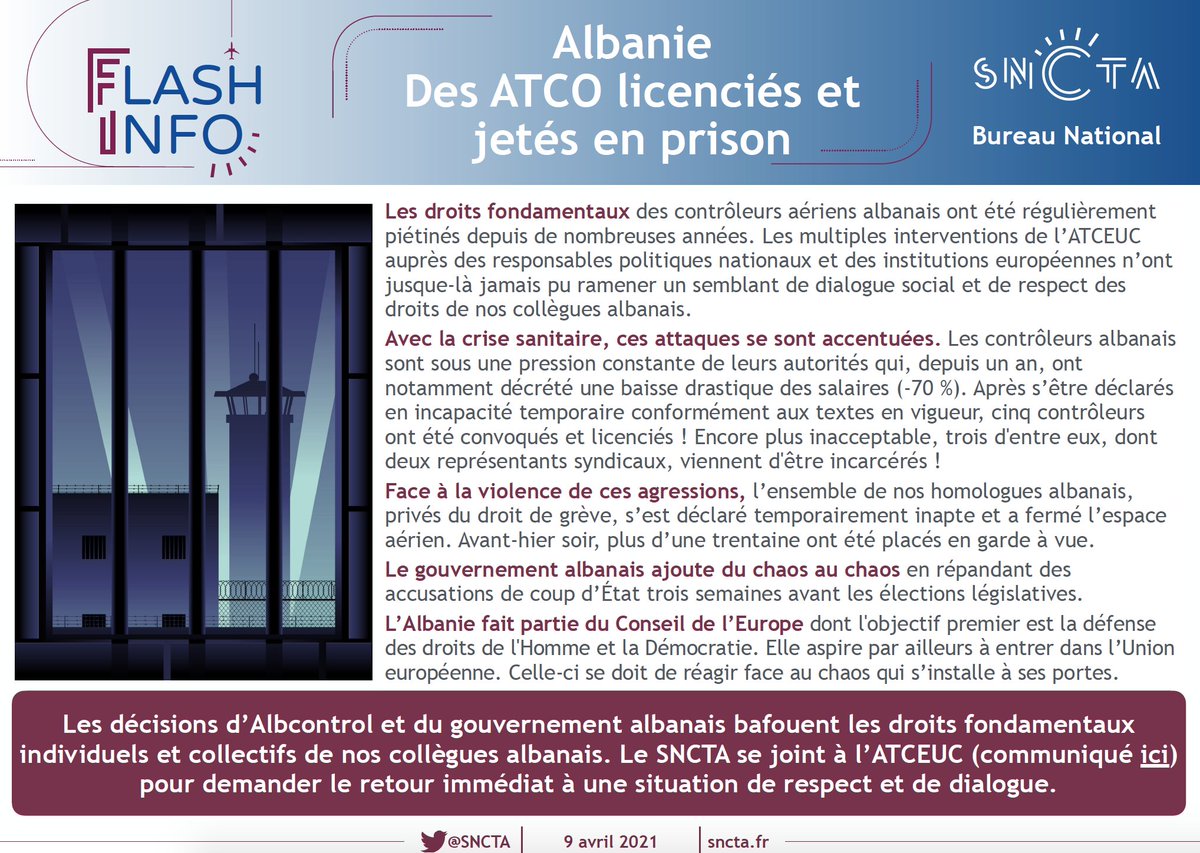 The past week was very tough on the ATCO family. Around 30 controllers were taken into custody and 3 of them stayed in jail. Albcontrol has repeatedly refused social dialogue. SNCTA fully supports its Albanian colleagues and solemnly asks EU to react.
<a href="/ATCEUC/">ATCEUC</a> <a href="/Djebbari_JB/">Jean-Baptiste Djebbari</a> <a href="/AlbGov/">Albanian Government</a>