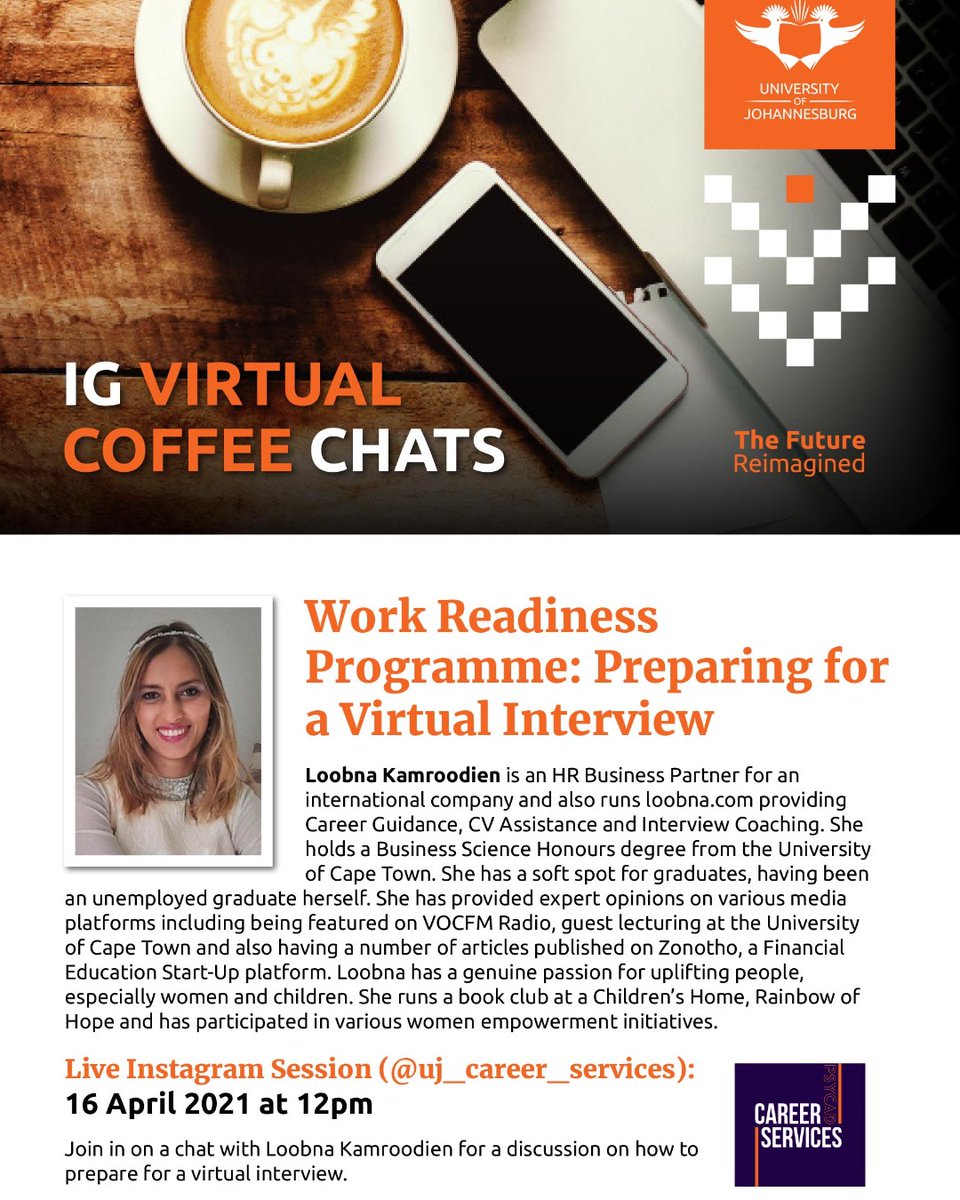 UJCareerService's tweet photo. Hey UJ :)
It's the second week of our #WorkReadinessProgramme2021 and this week is all about getting you ready to ace that interview ;)
#InterviewSkills
#IGSessions
#WorkReadinessProgramme2021
#YourCareerPlug
#YourFutureCareer
#UJCareerServices
#YourCareerReimagined https://t.co/lsubcHWD1i