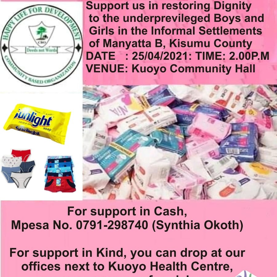 No sex for sanitary towels anymore .
#supportfordignitypacks 
<a href="/ManyattaBSJC/">Manyatta B Social Justice Centre -(MBSJC)</a> 
<a href="/SafaricomFDN/">Safaricom Foundation</a> 
<a href="/Safaricom_Care/">Safaricom Care</a> 
<a href="/SamsonOnditi12/">Cde Samson Onditi</a> 
<a href="/AmnestyKenya/">Amnesty Kenya</a> 
<a href="/Peter_Kenneth/">Peter Kenneth</a> 
<a href="/HappyLifeCBO10/">Happy Life For Development CBO</a> 
<a href="/AnyangNyongo/">Gov. Anyang' Nyong'o</a> 
<a href="/jordy546JEW/">Jordy</a> 
<a href="/InuaDada/">Inua Dada Foundation</a> 
@