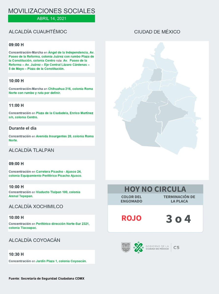 C5_CDMX's tweet photo. ⚠️ 📢Te compartimos las movilizaciones sociales previstas para este día en la CDMX. https://t.co/CX0sbKlmNo