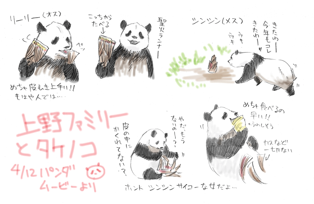 昨夜のパンダムービーが上野一家筍祭りで最高だったラクガキ。シャン子も大人になったなあ・・と思ってみていたら相変わらずの人参の扱い・・・ 