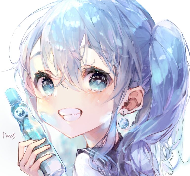 1girl solo blue hair smile blue eyes earrings looking at viewer  illustration images