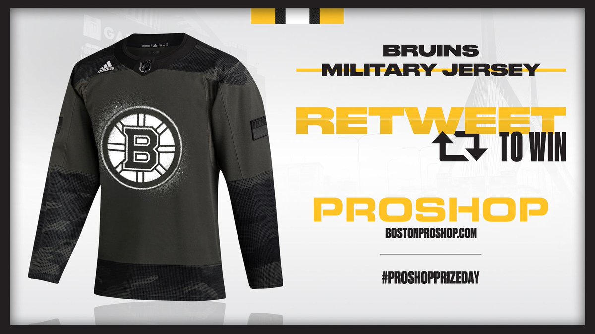 In support of Military Appreciation Night tomorrow, this #ProShopPrizeDay we’re giving away a limited edition Bruins Military jersey. Follow us and RT for your chance to win! Official rules ➡ bbru.in/3c4urQS 

<a href="/tdgarden/">TD Garden</a>
