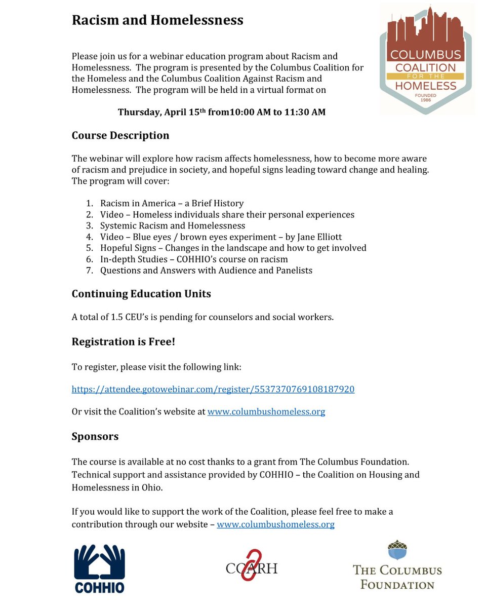 HelpLineDelMor's tweet photo. What's the 2-1-1? Join the Columbus Coalition fortheHomelessand the Columbus Coalition Against Racism and Homelessness TOMORROW at 10:00 AM for a FREE webinar education program about racism and homelessness. Register today at https://t.co/18icYZpV12. https://t.co/YnPPbqsPYN