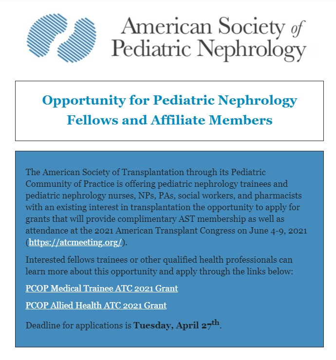 ASPNeph's tweet photo. Opportunity for Pediatric Nephrology Fellows & @ASPNeph Affiliate Members with interest in transplantation to apply for grants. @AST_info #PCOP
👇 👇
https://t.co/XSFPPM7p0y
https://t.co/sDr6rku6s0
Deadline: Tuesday, April 27, 2021.
Questions: contact info@aspneph.org https://t.co/7CS31nAU35