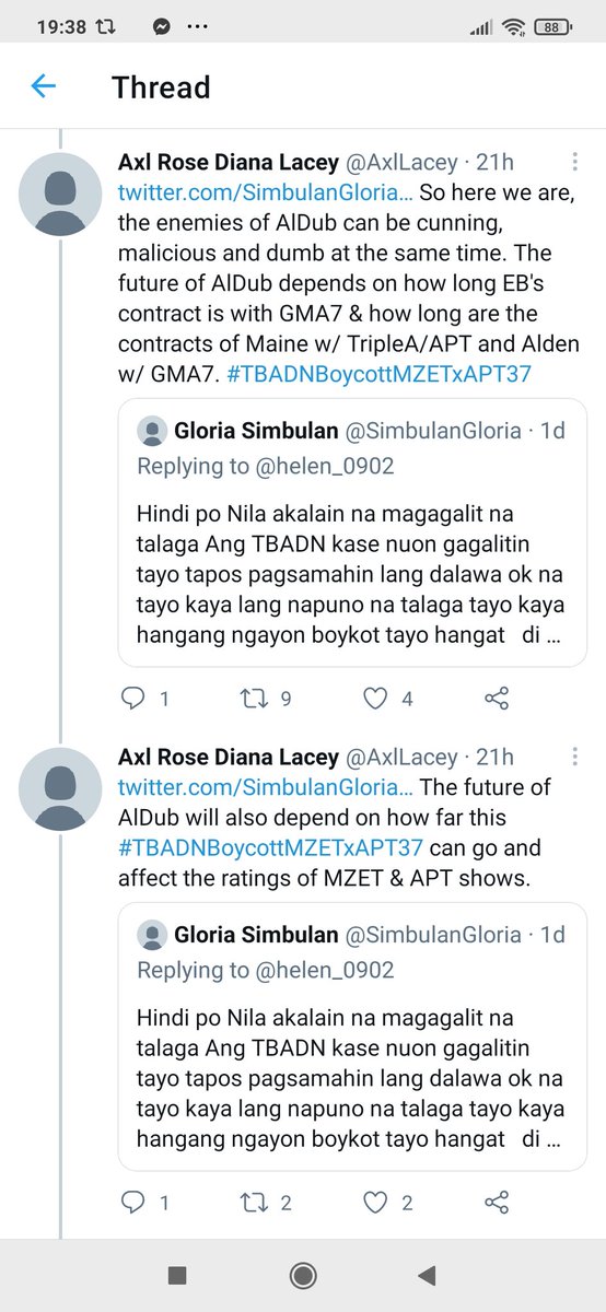  https://twitter.com/AxlLacey/status/1381965909464543234?s=19 Just reposting here my thoughts yesterday on what Alden & Maine can do to work together again, w/ great film people, profit from their AlDub success equitably & not be exploited by bad people.  #TBADNBoycottMZETxAPT38