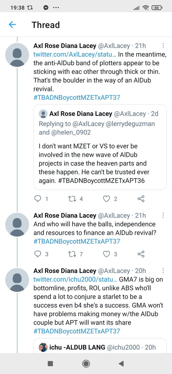  https://twitter.com/AxlLacey/status/1381965909464543234?s=19 Just reposting here my thoughts yesterday on what Alden & Maine can do to work together again, w/ great film people, profit from their AlDub success equitably & not be exploited by bad people.  #TBADNBoycottMZETxAPT38