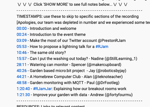 PrestonRJam's tweet photo. We've just published a recording of this month's "How does your garden grow?" #RJam event. The description includes time stamps so you can avoid @teknoteacher's waffle and skip straight to the talk you're interested in most of all!  https://t.co/n5B83oCLA9 https://t.co/jrETWaMldE