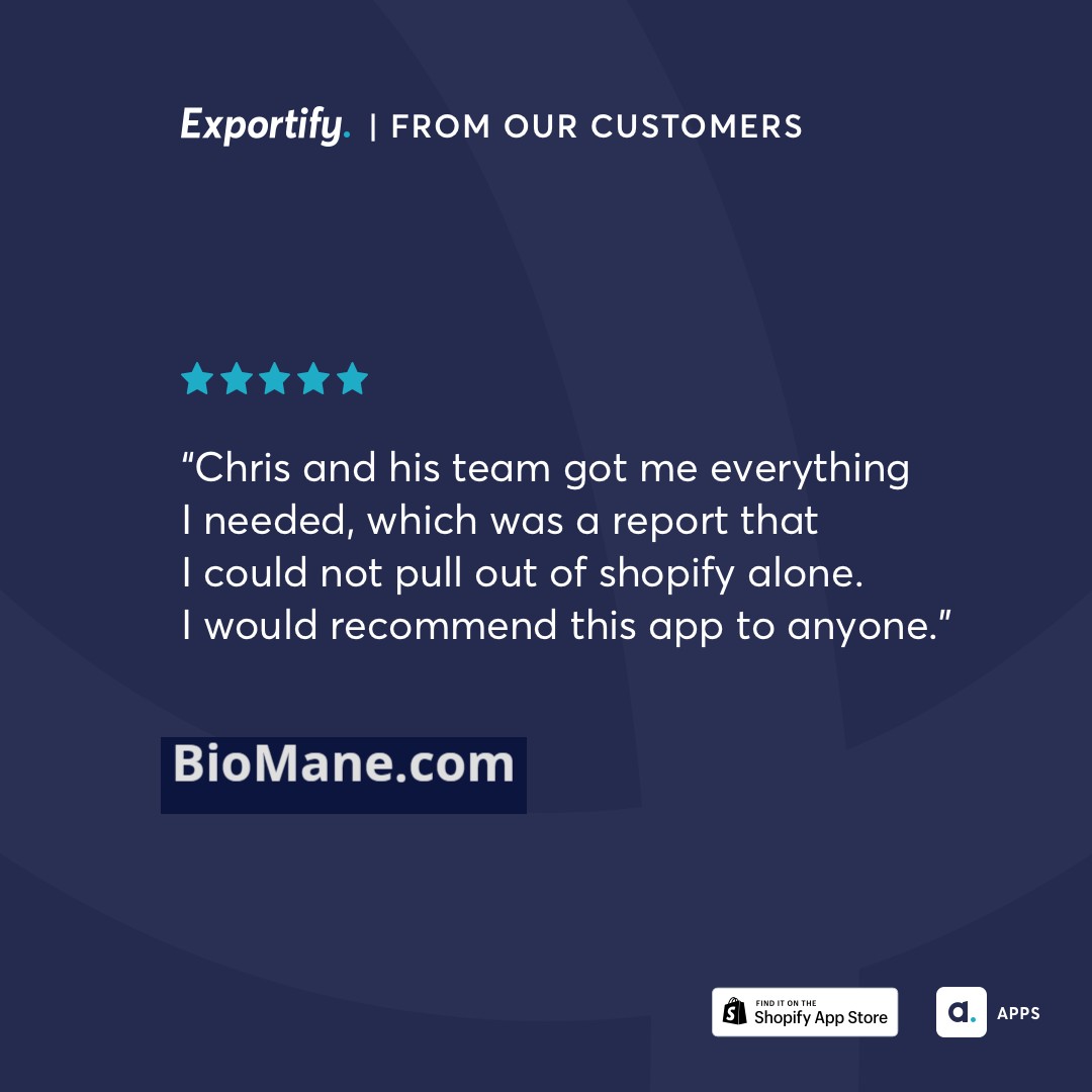 AbleSense's tweet image. If #Shopify&apos;s Order Exports CSV doesn&apos;t match what you or your fulfillment partners need, it&apos;s easy to edit it manually. 

Every time. 

OR, you could use #Exportify, like our friends at @BioManeProducts. ⭐⭐⭐⭐⭐

Order exports, formatted your way.
apps.shopify.com/exportify
