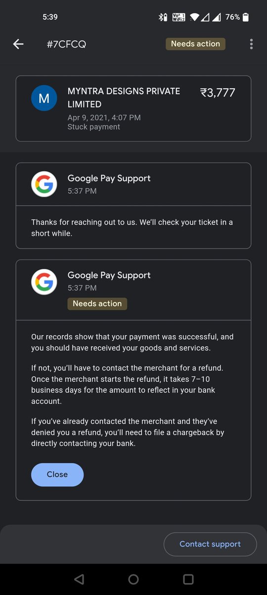 AsocialSamosa's tweet photo. @MyntraSupport your support team says no payment received hence talk to payment gateway
, the upi partner says meechant received payment so talk to merchant. 
Ab yahi karta rahu mai without a solution. 
Who now gives me a refund? @GooglePay 
Could you guys sort it out here? https://t.co/uTs4Lmhp9C