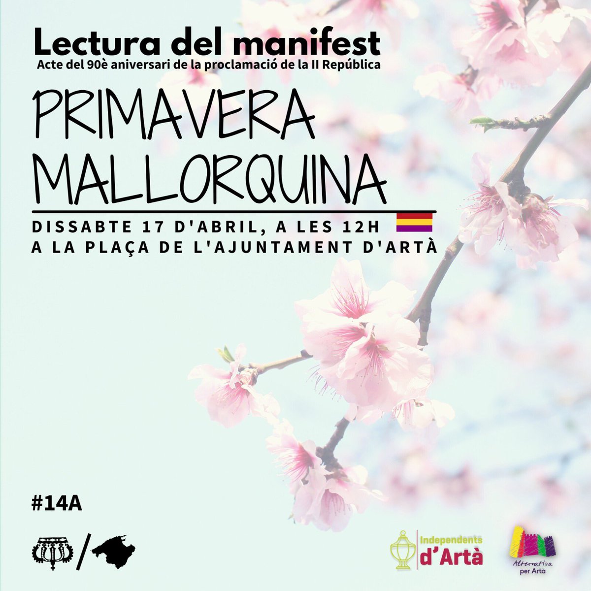 IndependentArta's tweet photo. ‼️Avui fa 90 anys de la proclamació de la II República! 
Per commemorar-ho i per seguir reclamant noves repúbliques, vos convidam a la Lectura del manifest.❤️💛💜

📅 Dissabte 17 d’abril
⏰ 12h
🌍 Plaça de l’Ajuntament d’Artà https://t.co/0WpGfLuKOo