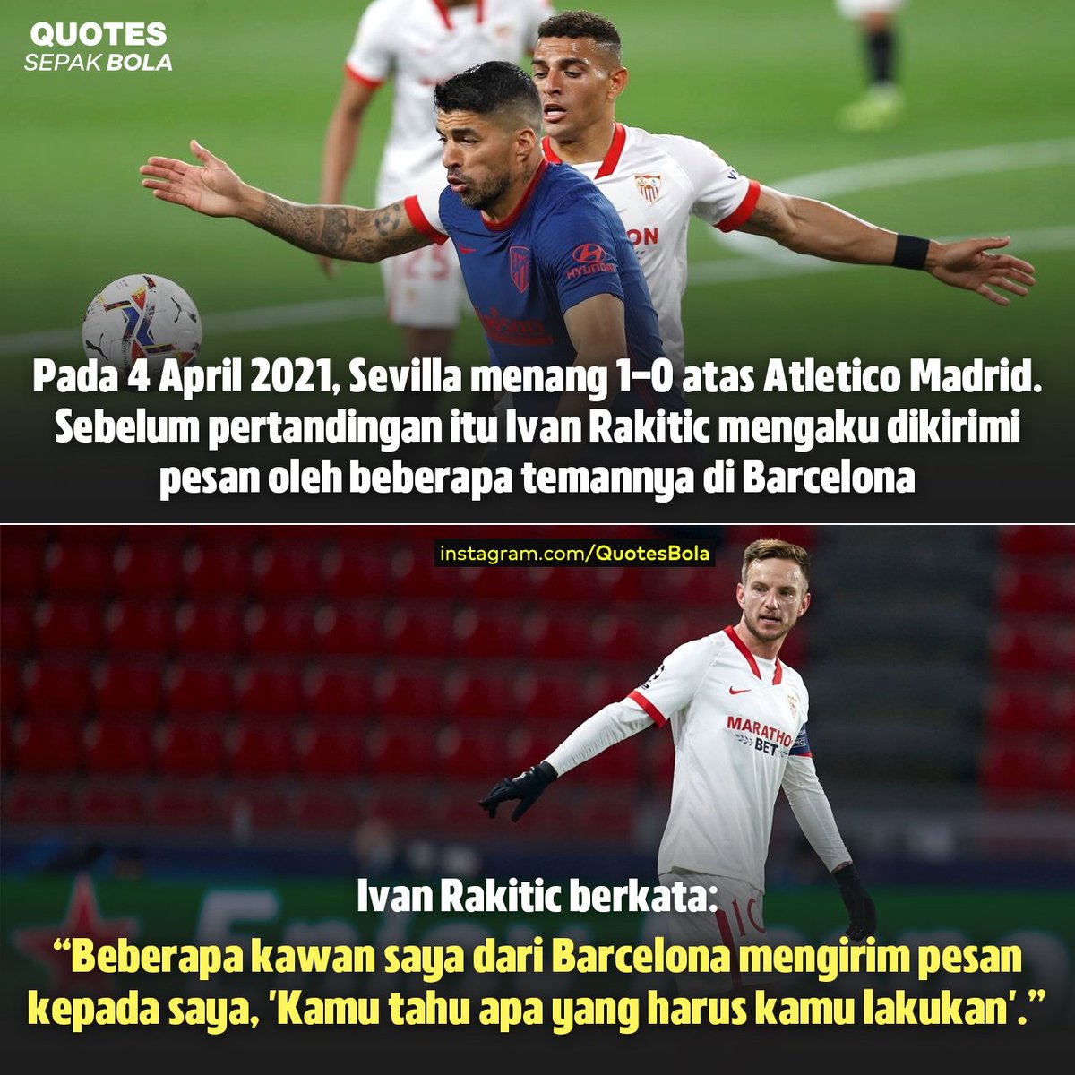 QuoteFutbol's tweet photo. Beberapa pemain Barca meminta bantuan kepada Ivan Rakitic supaya Sevilla dapat mengganjal laju Atletico Madrid dalam perebutan juara La Liga 2020/21. https://t.co/NdnA3pQPdt