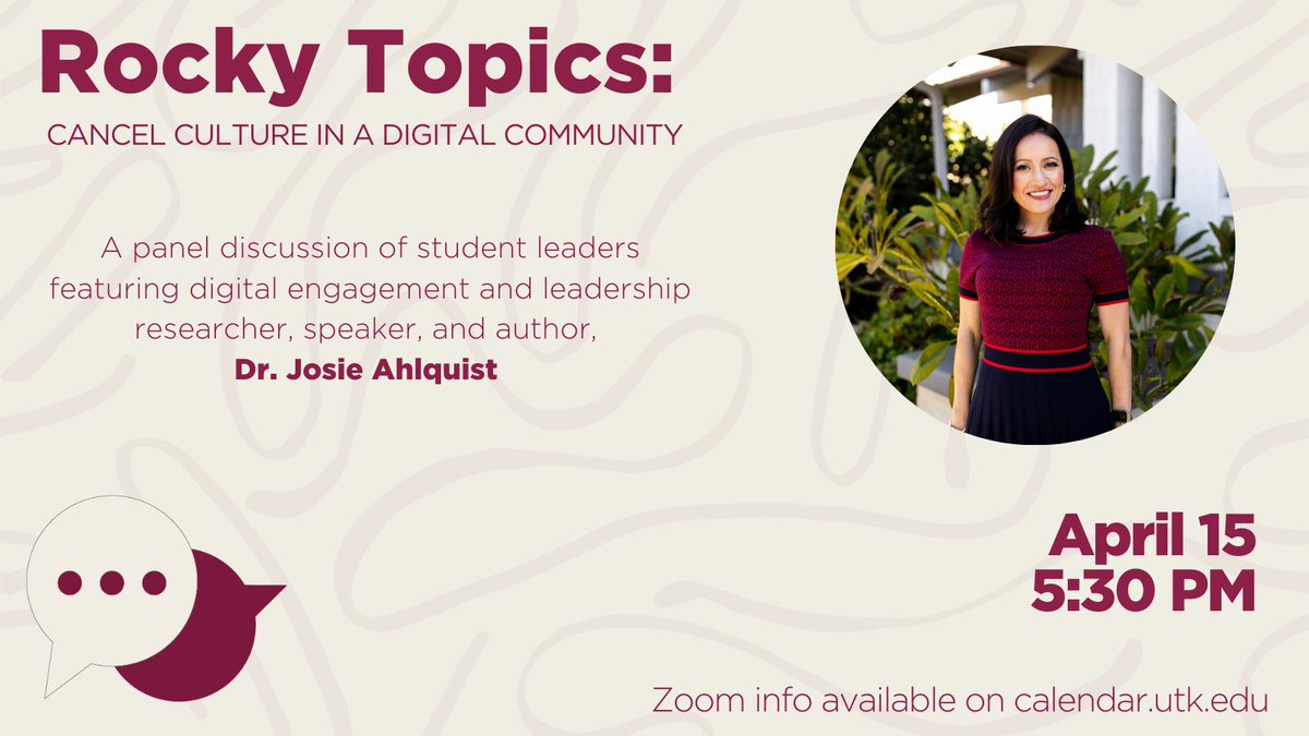 Join us for RockyTopics: Cancel Culture in a Digital Community featuring Dr. Josie Ahlquist, digital engagement and leadership researcher, speaker, and author. 

To learn more about this event, visit calendar.utk.edu.