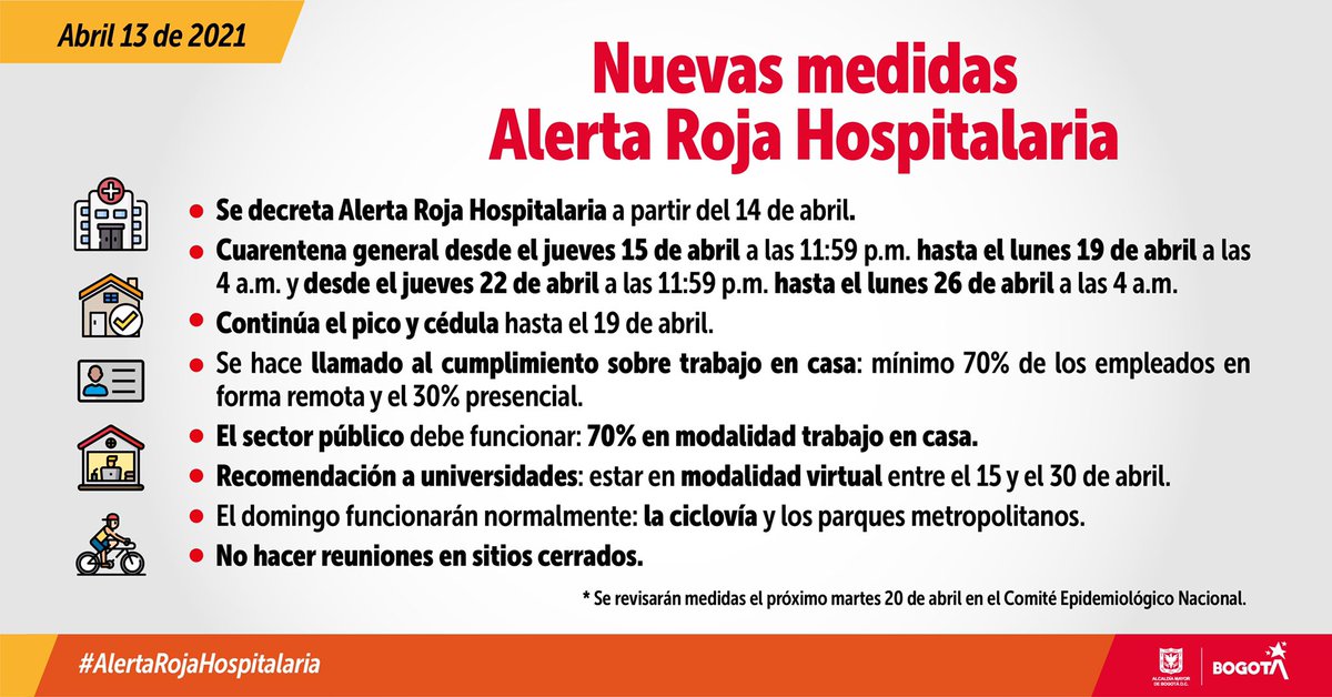 Por reglamentación nacional, como de Bogotá, a partir del 75% de ocupación UCI general sostenida durante dos días, entramos en #AlertaRojaHospitalaria 🚨. Te invitamos a seguir las indicaciones de estas nuevas medidas para contener el tercer pico de la pandemia en la ciudad 😷👌