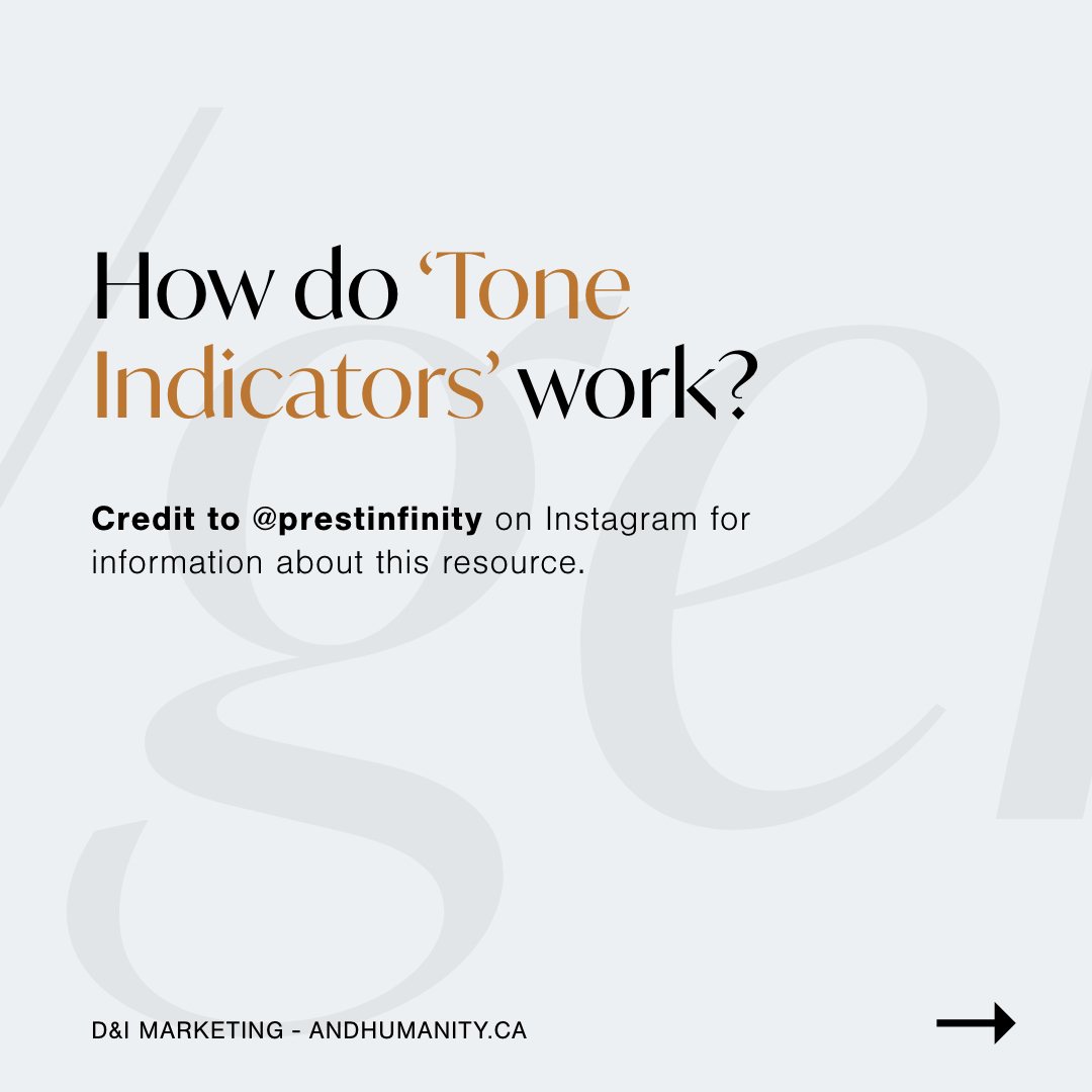 andhumanityca's tweet image. Have you heard about ‘Tone Indicators’? This is an emerging system created to help improve and smoothen communications through text. Visit our IG for the full post with #ImageDescriptions instagram.com/p/CNp85nhhYa-/