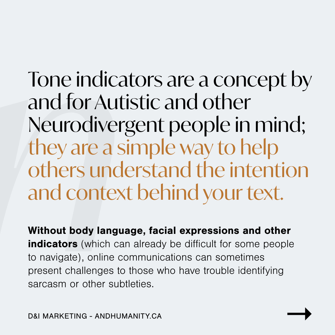 andhumanityca's tweet image. Have you heard about ‘Tone Indicators’? This is an emerging system created to help improve and smoothen communications through text. Visit our IG for the full post with #ImageDescriptions instagram.com/p/CNp85nhhYa-/