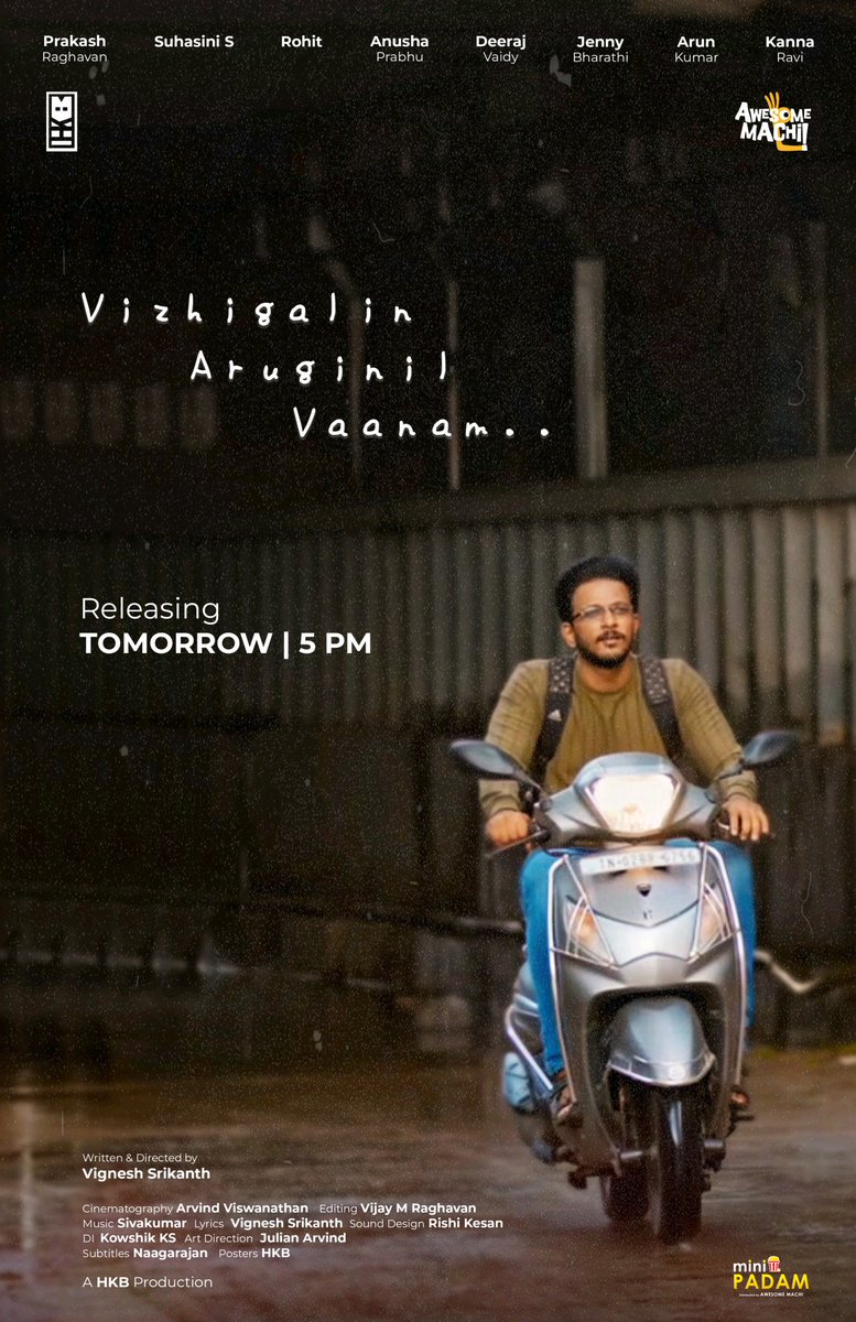 AwesomeMachi's tweet photo. Are you all ready to come along with #Akilan for Mr and Mrs #Ibrahim's party tomorrow..???

Party time: 5 pm tomorrow.. Stay tuned. 🌟🎬

Our upcoming #miniPadam - 'Vizhigalil Aruginil Vaanam' will be releasing #Tomorrow #5PM.. Can't wait for you all to join us. 🤩 https://t.co/22tzsPhFtZ