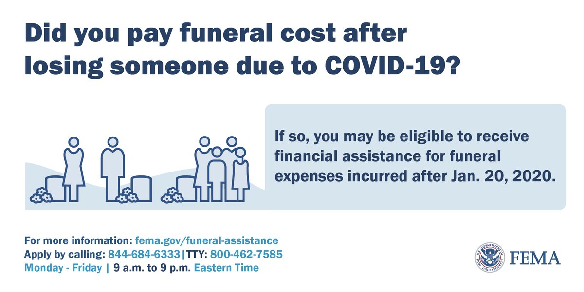 fema's tweet image. If you are applying for funeral assistance:

We're working hard to answer calls but there may be a wait. We want to ensure every person gets their questions answered &amp;amp; receives the help they need to apply so won't rush through calls. If possible, call in the afternoon or evening.
