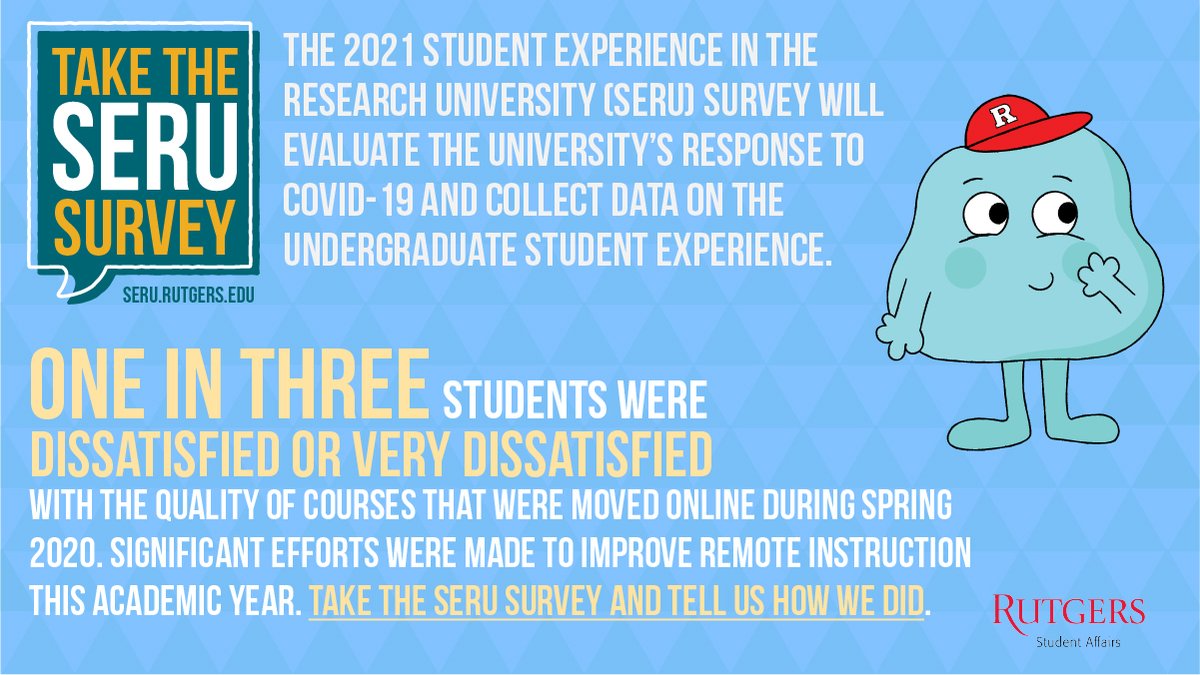RUVPVA's tweet photo. Take the SERU Survey to voice what you believe is working well at Rutgers and what you feel needs to improve. All participants will be entered into a raffle for the chance to win Visa gift cards!
Survey Link: https://t.co/SPVN8j5Eo0 https://t.co/MotXzU6187