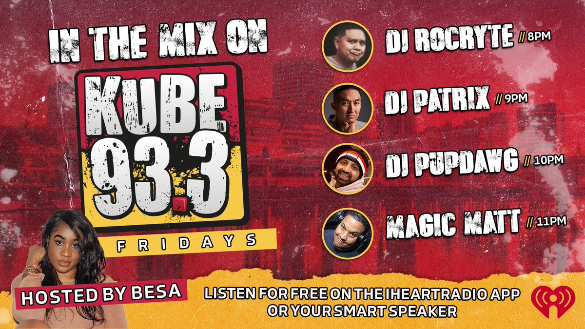 KUBE933's tweet photo. We're still bringing the club vibes right to your home! 😛 Check in with @besagordon and the KUBE 93.3 MixSquad from 8pm-12am! See who is mixing below: 

8pm: @djrocryte 
9pm: @DJPATRiXSF 
10pm: @djpupdawg 
11pm: @magicmattmix  

Listen live: https://t.co/i7Tq4aeEnS https://t.co/YwfG4VHCoq
