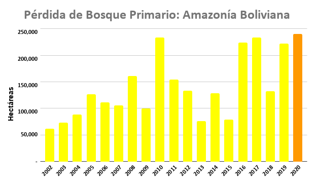 Bolivia: pérdida de bosque primario en Bolivia: 240 mil has, el número más alto en casi dos décadas.
Zonas más afectadas en el sureste del país (donde incendios arrasaron en los bosques secos Chiquitano y Chaco). - maaproject.org/2021/amazon-20…